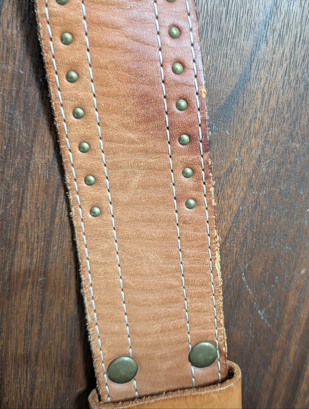 Banana Republic Tan Brown Leather Belt White Stitch Brass Studded Belt Size L - Picture 4 of 7